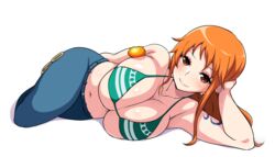  arm_behind_back arm_support bikini bikini_top_only blue_pants breasts breasts_squeezed_together brown_eyes cleavage closed_mouth collarbone commentary_request female food fruit full_body green_bikini head_rest highres huge_breasts long_hair looking_at_viewer lying nami_(one_piece) navel on_side one_piece oppai_mochi orange_(fruit) orange_hair pants shiny_skin sidelocks simple_background smile solo swimsuit tattoo tawashi1623 white_background 