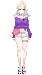  :3 bag banned_artist bare_legs bare_shoulders black_choker blonde_hair breasts choker cleavage crop_top cutoffs female full_body hair_ornament highres icomochi large_breasts legs long_hair long_sleeves looking_at_viewer micro_shorts midriff multicolored_hair navel off-shoulder_sweater off_shoulder official_art ponytail purple_sweater red_eyes sandals short_shorts shorts shoulder_bag simple_background smile solo standing stomach streaked_hair sumirezaki_rin sweater thigh_strap thighs two-tone_hair virtual_youtuber voice-ore white_background white_shorts x_hair_ornament 