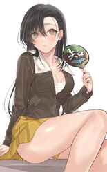  asymmetrical_bangs black_hair blush breasts brown_eyes brown_jacket chi-hatan_(emblem) chi-hatan_military_uniform cleavage collarbone collared_jacket emblem eyelashes female frown girls_und_panzer hand_fan hand_fan_writing highres hot jacket large_breasts long_hair looking_at_viewer mexif military military_uniform nishi_kinuyo paper_fan simple_background sitting skirt solo sweat uchiwa uniform white_background yellow_skirt 