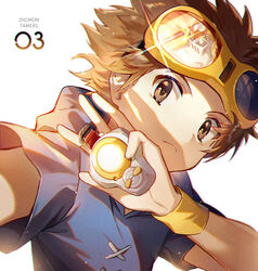  1boy blue_hoodie brown_eyes brown_hair copyright_name cross-laced_clothes digimon digimon_tamers dukemon ekita_kuro frown glint glowing goggles goggles_on_head holding hood hood_down hoodie light_particles looking_at_viewer male_focus matsuda_takato reaching reaching_towards_viewer reflection short_sleeves simple_background solo upper_body white_background wristband 