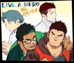  4boys akashi_(live_a_hero) alternate_costume arm_around_shoulder bandaid bandaid_on_face bandaid_on_nose bara blue_eyes blue_hair casual collarbone copyright_name doctor facial_hair glasses goatee green_eyes green_jacket hood hoodie ioren_(live_a_hero) itto_(mentaiko) jacket kyoichi_(live_a_hero) live_a_hero long_sideburns male_focus mask masked multicolored_hair multiple_boys muscular muscular_male own_hands_together pout rakta_(live_a_hero) red_eyes red_hair scar scar_on_face short_hair sideburns smile streaked_hair thick_eyebrows thumbs_up upper_body 