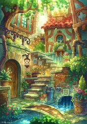  bridge building bush commentary_request day door downspout fantasy flower gutter highres kemi_neko no_humans original outdoors plant potted_plant scenery sewer stairs stream tile_roof tree water 