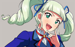  :d \m/ aikatsu! aikatsu!_(series) bangs blazer blue_jacket blue_ribbon blunt_bangs blush commentary_request drill_hair fangs female green_eyes green_hair grey_background hair_ribbon jacket long_hair looking_at_viewer open_mouth ribbon sayshownen school_uniform shirt simple_background smile solo starlight_academy_uniform toudou_yurika twin_drills upper_body white_shirt 