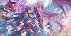  2girls absurdres animal_ears architecture armor artist_name bare_shoulders black_jacket black_shorts breasts cherry_blossoms cleavage closed_mouth dragon east_asian_architecture fox_ears full_moon gauntlets highres holding holding_sword holding_weapon honkai_(series) honkai_impact_3rd horns jacket japanese_armor katana kirabunni kurikara_(honkai_impact) light_purple_hair long_hair long_sleeves looking_at_viewer moon multiple_girls night night_sky pink_hair purple_eyes purple_hair raiden_mei raiden_mei_(herrscher_of_thunder) sakura_(honkai_impact) sheath sheathed shirt shorts single_thighhigh sky sword thighhighs tree weapon white_shirt white_thighhighs yae_sakura yae_sakura_(goushinnso_memento) 