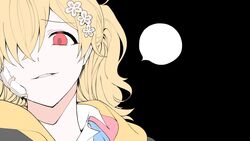  akira_ray akira_ray_(1st_costume) bad_id bad_twitter_id bandage_on_face bandages black_background blonde_hair collared_shirt female flower hair_flower hair_ornament hair_over_one_eye head_tilt highres hood hoodie looking_at_viewer nijisanji nijisanji_kr one_eye_covered parted_lips red_eyes shirt so_nagi_(artist) solo speech_bubble upper_body villain_(vocaloid) virtual_youtuber white_shirt yellow_hoodie 