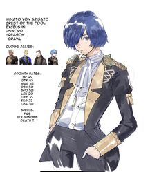  4boys adapted_uniform blue_hair character_name character_profile closed_mouth cowboy_shot dedue_molinaro digital_media_player dimitri_alexandre_blaiddyd english_text female fire_emblem fire_emblem:_three_houses garreg_mach_monastery_uniform hands_in_pockets hanneman_von_essar headphones highres long_sleeves marianne_von_edmund multiple_boys persona persona_3 yourfreakyneighbourh yuuki_makoto_(persona_3) 