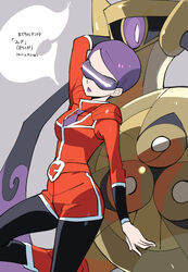  aegislash arm_up belt black_legwear boots celosia_(pokemon) commentary_request female grey_background jacket leg_up lipstick long_sleeves makeup necktie nibo_(att_130) orange_belt orange_footwear orange_jacket orange_shirt orange_shorts pantyhose pokemon pokemon_(creature) pokemon_adventures purple_hair purple_lips purple_necktie shirt short_hair short_shorts shorts team_flare tinted_eyewear translation_request visor 