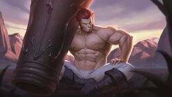  1boy abs absurdres bara blue_eyes boots brown_hair cannon commission cross_scar crossed_legs facial_hair fate/grand_order fate_(series) full_body goatee grin highres huge_weapon large_pectorals long_sideburns looking_at_viewer male_focus mountain muscular muscular_male napoleon_bonaparte_(fate) nat_vitchayed navel nipples pants pectorals scar scar_on_chest short_hair sideburns smile solo sunrise thick_thighs thighs tight_clothes topless_male weapon white_pants 