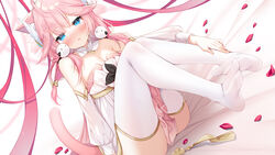  animal_ears bare_shoulders bird_hair_ornament blue_eyes blush breasts cleavage clothes_between_thighs detached_sleeves female hair_ornament hecha_(01964237) highres indie_virtual_youtuber long_hair looking_at_viewer petals pink_hair red_ribbon ribbon sakurada_hane sitting small_breasts solo tail thighhighs virtual_youtuber white_sleeves white_thighhighs 