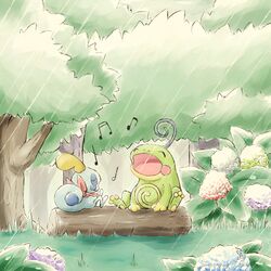  closed_eyes commentary_request day flower grass hydrangea kinakomochi_(kazuna922) music musical_note no_humans open_mouth outdoors pokemon pokemon_(creature) politoed rain singing sitting sobble toes tongue tree 