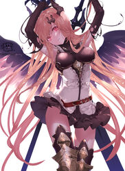  absurdres belt black_gloves blonde_hair breasts dark_angel_olivia female gloves granblue_fantasy hair_ornament hairclip highres holding holding_sword holding_weapon horns long_hair looking_at_viewer red_eyes skirt solo sword weapon wings yuuki_kira 