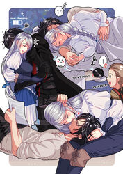  2boys babigonice battery_indicator bed black_hair braid clive_rosfield couple female final_fantasy final_fantasy_xvi gav_(ff16) grey_hair heart highres holding_hands imminent_kiss jill_warrick lap_pillow long_hair low-tied_long_hair multiple_boys nightgown single_braid sleeping straight 