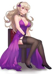  black_hairband black_thighhighs breasts chair choker cleavage commentary corrin_(female)_(fire_emblem) corrin_(fire_emblem) dress english_commentary evening_gown female fire_emblem fire_emblem_fates hairband high_heels highres large_breasts light_smile long_hair looking_at_viewer pointy_ears purple_dress red_eyes ribbon simple_background sitting smile solo spiffydc thighhighs white_background white_hair wristband 