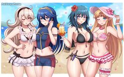  4girls absurdres artist_name beach bikini black_bikini black_hairband blonde_hair blue_eyes blue_hair blue_sky breasts byleth_(female)_(fire_emblem) byleth_(female)_(summer)_(fire_emblem) byleth_(fire_emblem) cleavage closed_mouth cloud commentary commission corrin_(female)_(fire_emblem) corrin_(female)_(summer)_(fire_emblem) corrin_(fire_emblem) crop_top cup day drinking_straw english_commentary fire_emblem fire_emblem:_three_houses fire_emblem_awakening fire_emblem_cipher fire_emblem_fates fire_emblem_heroes flower glass hair_flower hair_ornament hairband hat hat_flower highres holding holding_cup long_hair lucina_(fire_emblem) midriff multiple_girls navel official_alternate_costume one_eye_closed outdoors parted_lips patdarux pointy_ears princess_zelda red_eyes sky smile super_smash_bros. swimsuit the_legend_of_zelda the_legend_of_zelda:_a_link_between_worlds water white_hair wreath 