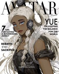  avatar:_the_last_airbender avatar_legends bad_id bad_twitter_id black_dress blonde_hair blush braid character_name chasefox cover dark-skinned_female dark_skin dress english_text eyeshadow fake_magazine_cover female forehead half_updo highres lipstick long_hair magazine_cover makeup mismatched_eyebrows nose off-shoulder_dress off_shoulder parted_hair red_lips side_braids solo thick_eyebrows twin_braids twitter_username upper_body yue_(avatar) 