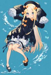  abigail_williams_(fate) black_bow black_dress black_hat blonde_hair bloomers blue_eyes blush bow breasts commentary dress fate/grand_order fate_(series) female forehead full_body hairbow hands_up hat highres lazu0721 long_hair long_sleeves looking_at_viewer multiple_hair_bows open_mouth orange_bow parted_bangs ribbed_dress sleeves_past_fingers sleeves_past_wrists small_breasts solo underwear white_bloomers 