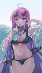  absurdres ahoge aqua_hair breasts colored_inner_hair commentary female highres hololive large_breasts long_hair looking_at_viewer minato_aqua multicolored_hair nel_dcm ocean open_mouth pink_eyes pink_hair solo two-tone_hair virtual_youtuber 