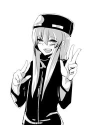  ander_(at2.) at2. blush double_v enderman female greyscale highres long_hair looking_at_viewer minecraft monochrome open_mouth personification smile solo teeth upper_teeth_only v 