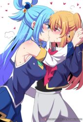  2girls absurdres aqua_(konosuba) armpits bare_shoulders beads blonde_hair blue_eyes blue_hair blue_skirt blue_vest blush bow bowtie breasts commentary crossover detached_sleeves english_commentary from_side hair_beads hair_between_eyes hair_ornament hair_rings heart highres hinghoi holding_hands hoshino_ruby interlocked_fingers kissing kono_subarashii_sekai_ni_shukufuku_wo! large_breasts long_hair long_sleeves multiple_girls name_connection one_side_up oshi_no_ko paid_reward_available patreon_logo patreon_username pink_bow pink_bowtie profile school_uniform simple_background skirt star-shaped_pupils star_(symbol) sweat symbol-shaped_pupils very_long_hair vest white_background white_skirt youtou_high_school_uniform yuri 