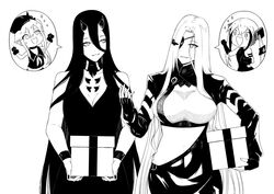  4girls abyssal_ship alchemist_(girls&#039;_frontline) bare_shoulders battleship_princess blush box breasts closed_mouth commission crossover destroyer_(girls&#039;_frontline) destroyer_princess dress eyepatch gift gift_box girls&#039;_frontline greyscale horns kantai_collection large_breasts long_dress long_hair monochrome multiple_girls open_mouth reizo_ne sangvis_ferri skin-covered_horns skirt smile sparkle trait_connection very_long_hair 