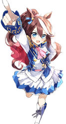  :d absurdres animal_ears arm_up ascot belt black_ribbon blue_belt blue_eyes blush boots brown_hair buttons collared_jacket commentary_request double-breasted female footwear_ribbon hair_between_eyes hand_on_own_hip high_ponytail highres horse_ears horse_girl horse_tail jacket knee_boots long_hair long_sleeves looking_at_viewer multicolored_hair open_mouth pentagon_(railgun_ky1206) pink_ascot pink_belt pleated_skirt pointing ponytail ribbon simple_background skirt sleeves_past_wrists smile solo standing standing_on_one_leg streaked_hair tail tokai_teio_(umamusume) two-tone_belt umamusume v-shaped_eyebrows very_long_hair white_background white_footwear white_hair white_jacket white_skirt 