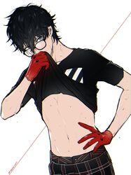  1boy amamiya_ren black_hair black_shirt clothes_lift glasses gloves grey_eyes hair_between_eyes highres lifting_own_clothes looking_at_viewer male_focus pants persona persona_5 persona_5:_dancing_star_night persona_dancing plaid plaid_pants red_gloves shirt shirt_lift simple_background solo sonomi sweat t-shirt twitter_username upper_body 