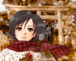  black_eyes black_hair blurry blurry_background brown_gloves female gloves hand_on_own_chest harasaki_nozomi holding lips looking_at_viewer medium_hair nashiko_(tinyrelation) outdoors parted_hair patterned_clothing photo_background red_scarf scarf shenmue shenmue_i shrine signature smile solo sweater white_sweater 