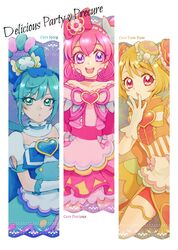  3girls :d absurdres aizen_(syoshiyuki) apron blonde_hair blue_bow blue_eyes blue_hair bow brooch bun_cover character_name chestnut_mouth choker column_lineup copyright_name cure_precious cure_spicy cure_yum-yum delicious_party_precure detached_collar double_bun earrings flower fuwa_kokone gloves hair_bun hair_flower hair_ornament hanamichi_ran hat hat_bow heart heart_brooch highres jewelry long_hair looking_at_viewer magical_girl mini_hat multiple_girls nagomi_yui open_mouth pink_bow pink_choker pink_hair precure purple_eyes red_eyes short_hair smile upper_body 