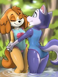  3:4 absurd_res anthro anthrofied ass blue_eyes breasts canid canine canis closed_eyes clothing cockapoo detailed_background diacordst domestic_dog duo everest_(paw_patrol) female female/female frilly fur gloves_(marking) hand_holding hi_res husky interlocked_fingers legs_in_water mammal markings mixed_breed multicolored_body multicolored_fur nordic_sled_dog one-piece_swimsuit outside partially_submerged paw_patrol rear_view skye_(paw_patrol) small_breasts smile spitz standing standing_in_water submerged_legs swimwear two_tone_body two_tone_fur water young young_anthro young_female 