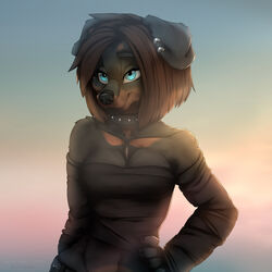  1:1 anthro black_body black_fur blue_eyes breasts brown_body brown_fur brown_hair canid canine canis clothed clothing dachshund domestic_dog ear_piercing female fur hair hi_res hunting_dog mammal multicolored_body multicolored_fur piercing simple_background smile solo tashalisets two_tone_body two_tone_fur 