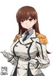  black_necktie brown_eyes brown_hair buttons collared_shirt commentary_request cosplay double-breasted epaulettes female glasses grey_jacket highres holding holding_pointer holding_riding_crop jacket kantai_collection katori_(kancolle) katori_(kancolle)_(cosplay) long_hair military military_uniform necktie ooi_(kancolle) owa_(ishtail) pointer riding_crop shirt simple_background solo uniform upper_body white_background 