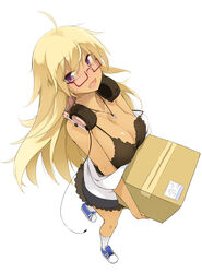  blonde_hair blush box breasts camisole cardboard_box cleavage dark-skinned_female dark_skin female foreshortening from_above full_body glasses hair_between_eyes headphones headphones_around_neck highres jewelry long_hair looking_at_viewer maruku medium_breasts necklace oerba_yun_fang open_mouth original purple_eyes red-framed_eyewear semi-rimless_eyewear shorts solo strap_slip white_background 