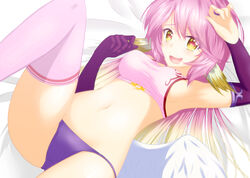  absurdres angel_wings animal_ears armpits bird_ears blush breasts bridal_gauntlets commentary elbow_gloves english_commentary feathered_wings female gloves gradient_hair heart heart-shaped_pupils highres jibril_(no_game_no_life) large_breasts leg_up long_hair looking_at_viewer low_wings lukmanscootkenn lying midriff multicolored_eyes multicolored_hair navel no_game_no_life no_tattoo on_back on_bed open_mouth panties photoshop_(medium) pink_hair pink_shirt pink_thighhighs purple_gloves purple_panties shirt sideboob sidelocks single_bridal_gauntlet single_elbow_glove single_thighhigh sleeveless sleeveless_shirt solo symbol-shaped_pupils taut_clothes thighhighs underwear wavy_mouth white_wings wing_ears wings yellow_eyes 