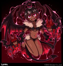  artist_name barefoot bikini black_hair breasts commentary_request copyright_notice dark-skinned_female dark_skin demon_girl demon_horns demon_tail demon_wings facial_tattoo fangs female full_body gradient_hair hair_between_eyes highres horns multicolored_hair navel open_mouth original red_eyes red_hair sharp_toenails small_breasts smile solo suparu_(detteiu) swimsuit tail tattoo toenails wings 