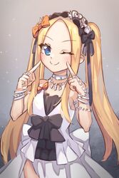  ;) abigail_williams_(fate) black_bow black_ribbon blonde_hair blue_eyes blush bow bracelet breasts closed_mouth commentary cosplay dress english_commentary euryale_(fate) euryale_(fate)_(cosplay) euryale_(third_ascension)_(fate) euryale_(third_ascension)_(fate)_(cosplay) fate/grand_order fate/hollow_ataraxia fate_(series) female forehead frilled_hairband frills hair_ribbon hairband hairbow hands_up highres jewelry long_hair looking_at_viewer miya_(miyaruta) multiple_bows necklace one_eye_closed orange_bow parted_bangs pointing pointing_at_self ribbon ring sidelocks small_breasts smile solo sparkle twintails very_long_hair white_dress 