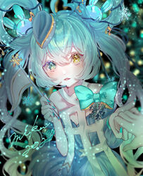  animal_ears aqua_hair aqua_nails bare_shoulders beamed_eighth_notes blue_dress blurry blurry_background character_name christmas_ornaments commentary dress eighth_note female hair_ornament hat hatsune_miku headset heterochromia highres holding_hands lips long_hair looking_at_viewer mini_hat mobukyara_(mobumobu0817) musical_note musical_note_hair_ornament nail_polish parted_lips pov pov_hands rabbit rabbit_ears snowflake_hair_ornament snowflake_ornament snowflakes twintails upper_body very_long_hair vocaloid wand yellow_eyes yuki_miku yuki_miku_(2021)_(applicant) 