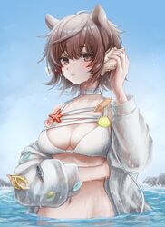  3_(sanyako1) absurdres animal_ears arknights bikini blue_sky blush breasts brown_eyes brown_hair choker cleavage day extra_ears female highres jacket large_breasts long_sleeves looking_at_viewer navel o-ring o-ring_choker official_alternate_costume open_clothes open_jacket outdoors parted_lips roberta_(arknights) roberta_(summer_flowers)_(arknights) seashell see-through shell shell_to_ear short_hair sky smile solo starfish swimsuit third-party_edit water wet wet_clothes white_bikini white_choker white_jacket 