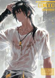  1boy arknights arm_up arsh_(thestarwish) black_hair black_pants collarbone cowboy_shot dark-skinned_male dark_skin earrings eyewear_on_head glasses hair_between_eyes jewelry long_hair looking_at_viewer male_focus necklace official_alternate_costume orange_eyes pants parted_lips ponytail rain see-through shirt solo standing thorns_(arknights) thorns_(comodo)_(arknights) wet wet_clothes wet_shirt white_shirt 