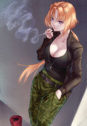  belt black_belt black_tank_top blonde_hair breasts camouflage camouflage_pants cigarette cleavage commission ellen_aice female from_above hair_ornament hairclip highres leaning_back long_hair looking_at_viewer low_ponytail medium_breasts muv-luv muv-luv_alternative muv-luv_unlimited:_the_day_after pants parted_bangs purple_eyes skeb_commission smoke smoking solo tank_top yama_i 