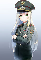  badge commentary_request commission crossed_arms cyrillic female gradient_background green_eyes grey_hair hat jacket long_hair looking_at_viewer medal military military_hat military_uniform necktie original peaked_cap police politsiya russian_text samazuka_mashiro skeb_commission standing two-headed_eagle uniform very_long_hair 