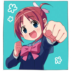  :d ahoge amamiya_manami blue_eyes blue_shirt blush bow bowtie brown_hair clenched_hand commentary_request eyebrows_visible_through_hair female fist_bump gakuen_utopia_manabi_straight! green_background hair_ribbon happy long_sleeves looking_at_viewer massugu_go open_mouth pink_bow pink_ribbon ribbon sailor_collar sayshownen school_uniform seiou_gakuen_school_uniform serafuku shirt short_hair simple_background smile solo upper_body 