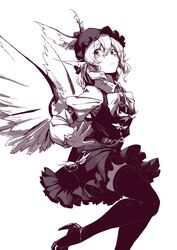  arm_belt ascot d&#039;orsay_heels dress female hat high_heels highres monochrome mystia_lorelei shirt short_hair solo stank thighhighs touhou wings 