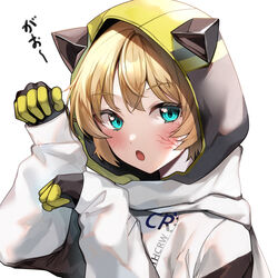  :o absurdres animal_hood animification apex_legends bad_id bad_pixiv_id black_gloves blonde_hair blue_eyes blush cat_hood cosplay female gloves highres hood hoodie looking_to_the_side nitogebeto paw_pose scar scar_on_cheek scar_on_face scarf short_hair solo void_prowler_wraith wattson_(apex_legends) white_background white_hoodie white_scarf wraith_(apex_legends) wraith_(apex_legends)_(cosplay) 