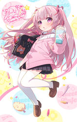  bag black_skirt borrowed_character brown_footwear commentary commission cup disposable_cup female full_body hair_ribbon highres jacket long_hair long_sleeves looking_at_viewer mary_janes neck_ribbon off_shoulder open_mouth original pink_hair pink_jacket pink_ribbon pleated_skirt ribbon shoes shoulder_bag skeb_commission skirt solo thank_you thighhighs twintails uchako very_long_hair white_thighhighs zettai_ryouiki 