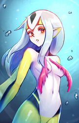  ao_no_roku-gou breasts brown_eyes colored_skin facial_mark female fish_girl forehead_mark highres long_hair looking_at_viewer monster_girl multicolored_skin mutio navel open_mouth pointy_ears solo underwater water white_skin yasu_suupatenin yellow_skin 