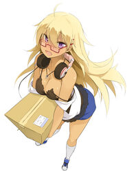  blonde_hair box breasts camisole cardboard_box cleavage dark-skinned_female dark_skin female foreshortening full_body glasses hair_between_eyes headphones headphones_around_neck highres jewelry long_hair looking_at_viewer maruku medium_breasts necklace oerba_yun_fang open_mouth original purple_eyes red-framed_eyewear semi-rimless_eyewear shorts solo strap_slip white_background 