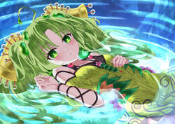  ahoge bare_shoulders blush breasts collarbone commentary cowboy_shot dress duel_monster female flower frown green_dress green_eyes green_hair hair_ornament hand_on_own_stomach jewelry lazupeace leaf long_hair looking_at_viewer lying_on_water parted_bangs ripples small_breasts solo traptrix_sera twintails very_long_hair water yu-gi-oh! 