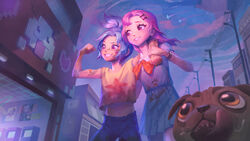  2girls absurdres aged_down akali alternate_costume animal arm_around_shoulder bandaged_arm bandages bow bowtie bruise building canine clenched_hand cowboy_shot grin hair_ornament hairclip hand_up highres injury kai&#039;sa kog&#039;maw league_of_legends lolicon long_hair looking_at_another multiple_girls navel orange_bow orange_bowtie outdoors pants pink_eyes pink_hair ponytail poro_(league_of_legends) poster_(object) pug&#039;maw purple_hair saliva shirt skirt smile star_guardian_akali star_guardian_kai&#039;sa teeth tongue tongue_out utility_pole white_shirt white_skirt yellow_shirt zoe_(crownsforkings) 