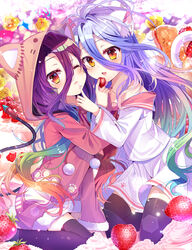  2girls :3 animal_ears animal_hood black_legwear blue_hair blush cable cat_ears cat_hood cat_tail chocho_(homelessfox) commentary feeding flower food food_on_face food_on_hand fruit fur-trimmed_sleeves fur_trim green_hair hair_between_eyes hood hood_up hoodie icing long_hair long_sleeves looking_at_viewer multicolored_hair multiple_girls no_bangs no_game_no_life off-shoulder_shirt off_shoulder one_eye_closed open_mouth orange_eyes paw_print paw_print_pattern pink_hoodie pom_pom_(clothes) print_hoodie purple_hair red_hair school_uniform serafuku shiro_(no_game_no_life) shirt shuvi_(no_game_no_life) sitting skirt strawberry symbol-only_commentary tail thighhighs very_long_hair white_shirt white_skirt yellow_flower 