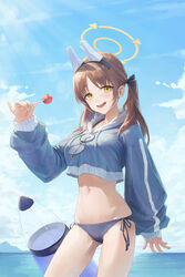  animal_ears bikini bikini_bottom_only black_bikini black_bikini_bottom blue_archive blue_hoodie blue_sky breasts brown_hair candy cloud commentary cropped_hoodie day eyewear_hang fake_animal_ears female food halo highres holding holding_candy holding_food holding_lollipop hood hoodie inflatable_torpedo inflatable_toy large_breasts lollipop moe_(blue_archive) moe_(swimsuit)_(blue_archive) navel naxile official_alternate_costume open_mouth round_eyewear side-tie_bikini_bottom sky solo standing stomach swimsuit twintails unworn_eyewear yellow_eyes yellow_halo 